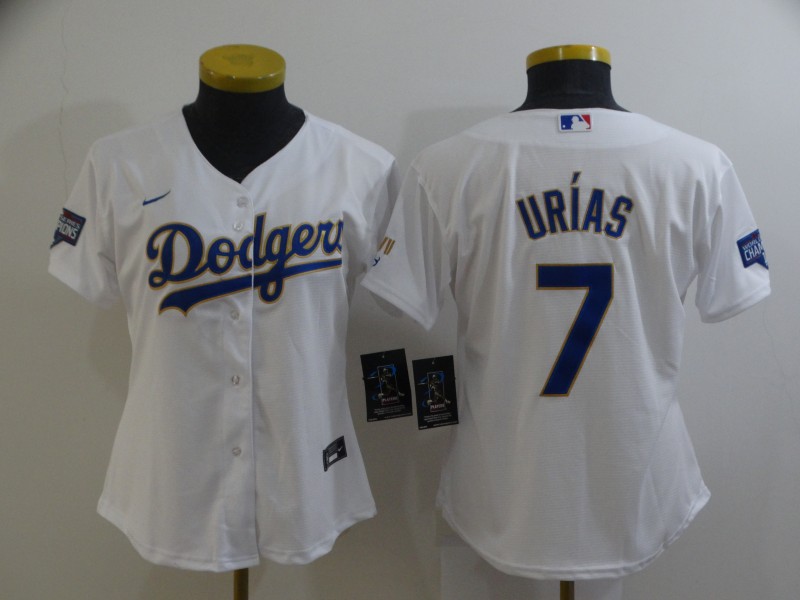 Women Dodgers 7 Julio Urias White Nike 2021 Gold Program Cool Base Jersey,We sell and wholesale Women Dodgers 7 Julio Urias White Nike 2021 Gold Program Cool Base Jersey on line form chian!